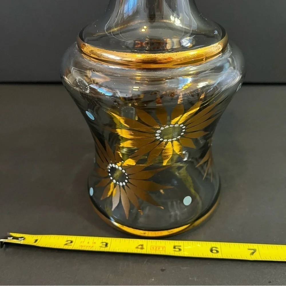 Floral Gold Gilt Glass Wine Liquor Decanter Mid Century Mad Men Bar Cart Painted